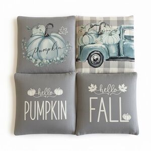 Fall Decorative Pillow Covers with Pumpkins and Plaid, Gray and Blue - Set‎ 4